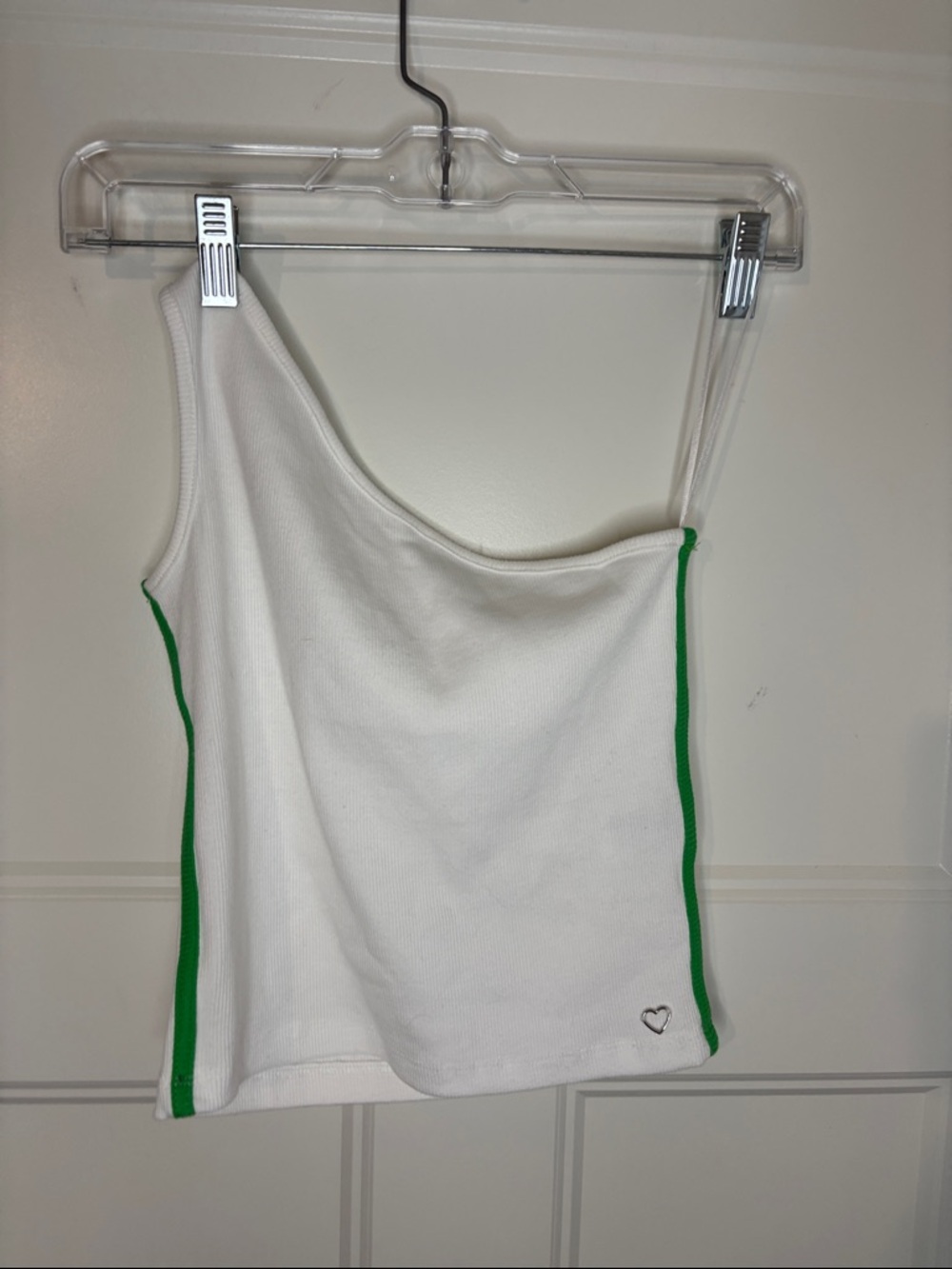 Zara One-Shoulder White Ribbed Tank with Green Piping
